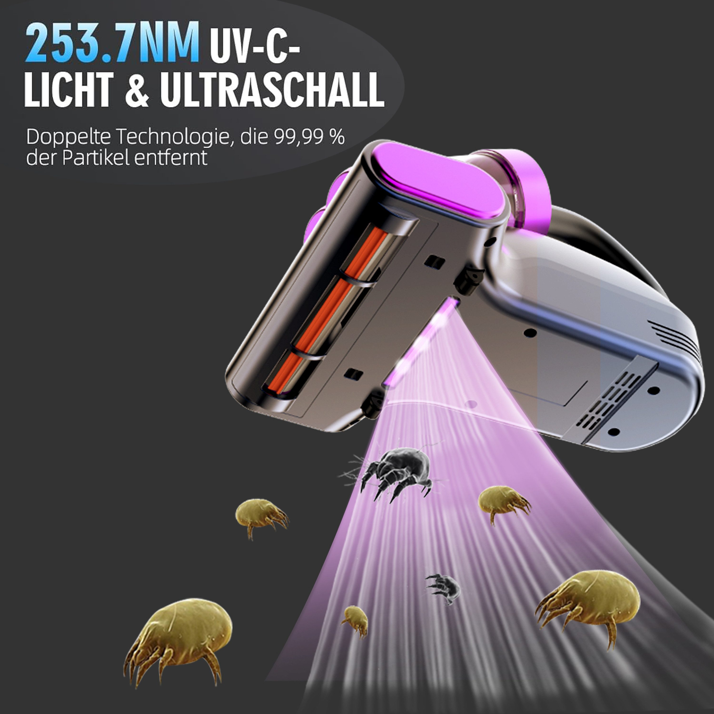 Ein Handstaubsauger mit UV-C-Licht bestrahlt Milben vor dunklem Hintergrund.