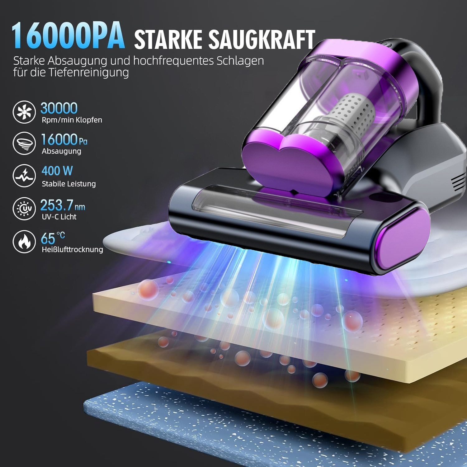 Ein lila-schwarzer Handstaubsauger reinigt eine Matratze mit UV-Licht und Heißluft.