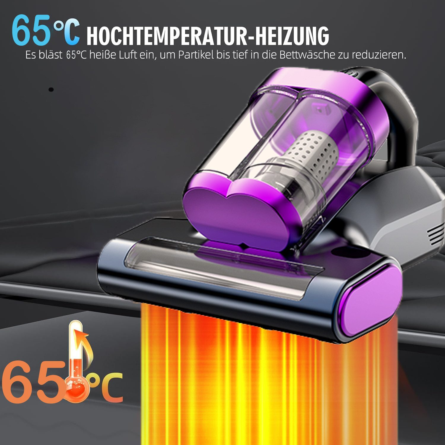 Ein lila Handstaubsauger bläst 65°C heiße Luft auf ein Bett, um Partikel zu reduzieren.