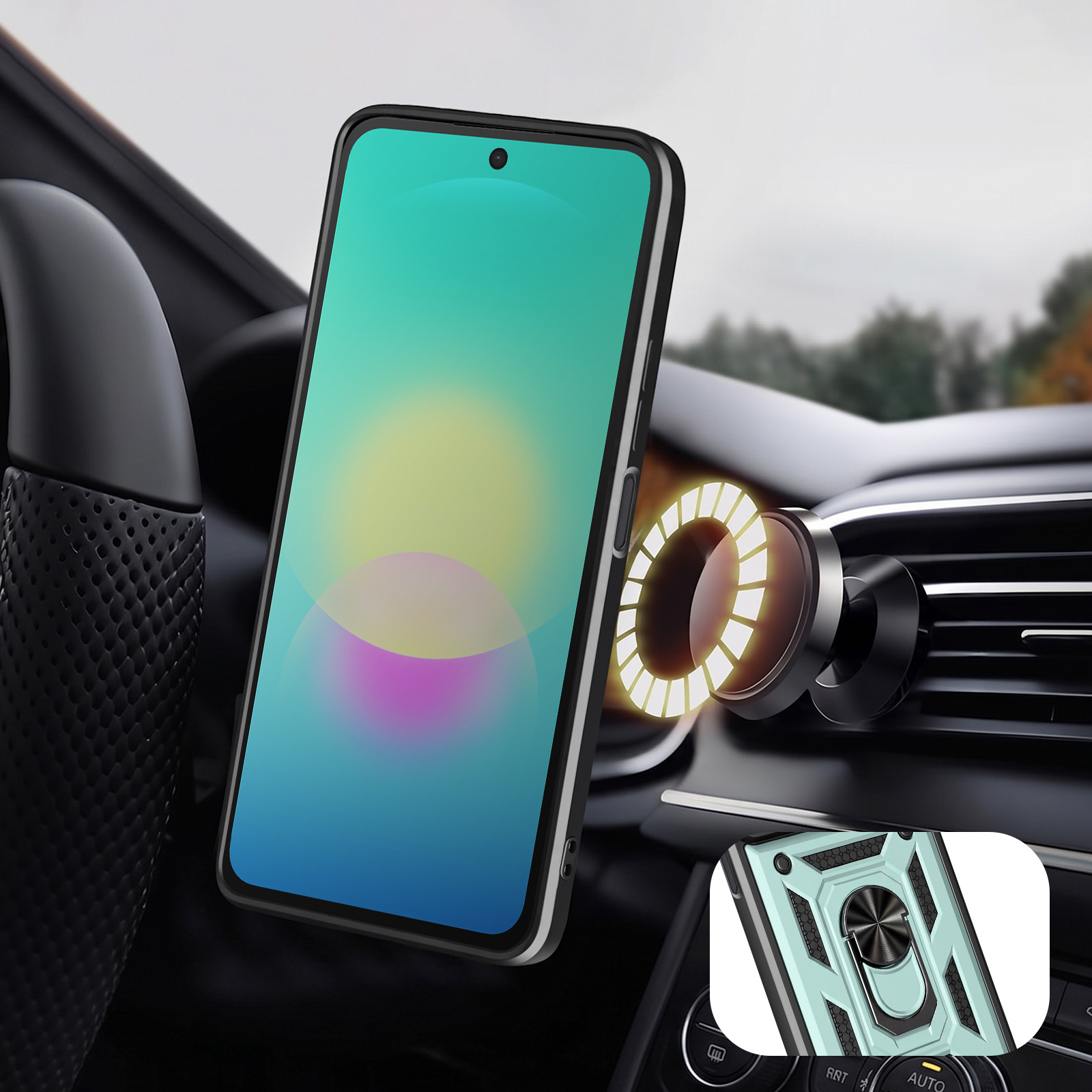 Ein Smartphone in einer Schutzhülle ist an einer magnetischen Auto-Lüftungshalterung befestigt.