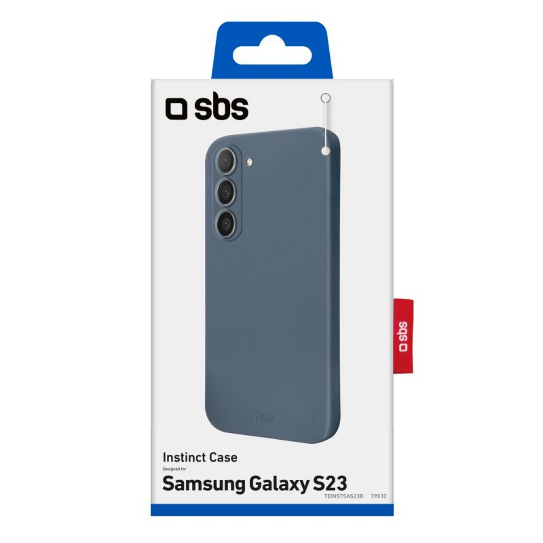 Funda azul SBS Instinct para Samsung Galaxy S23 en embalaje blanco.