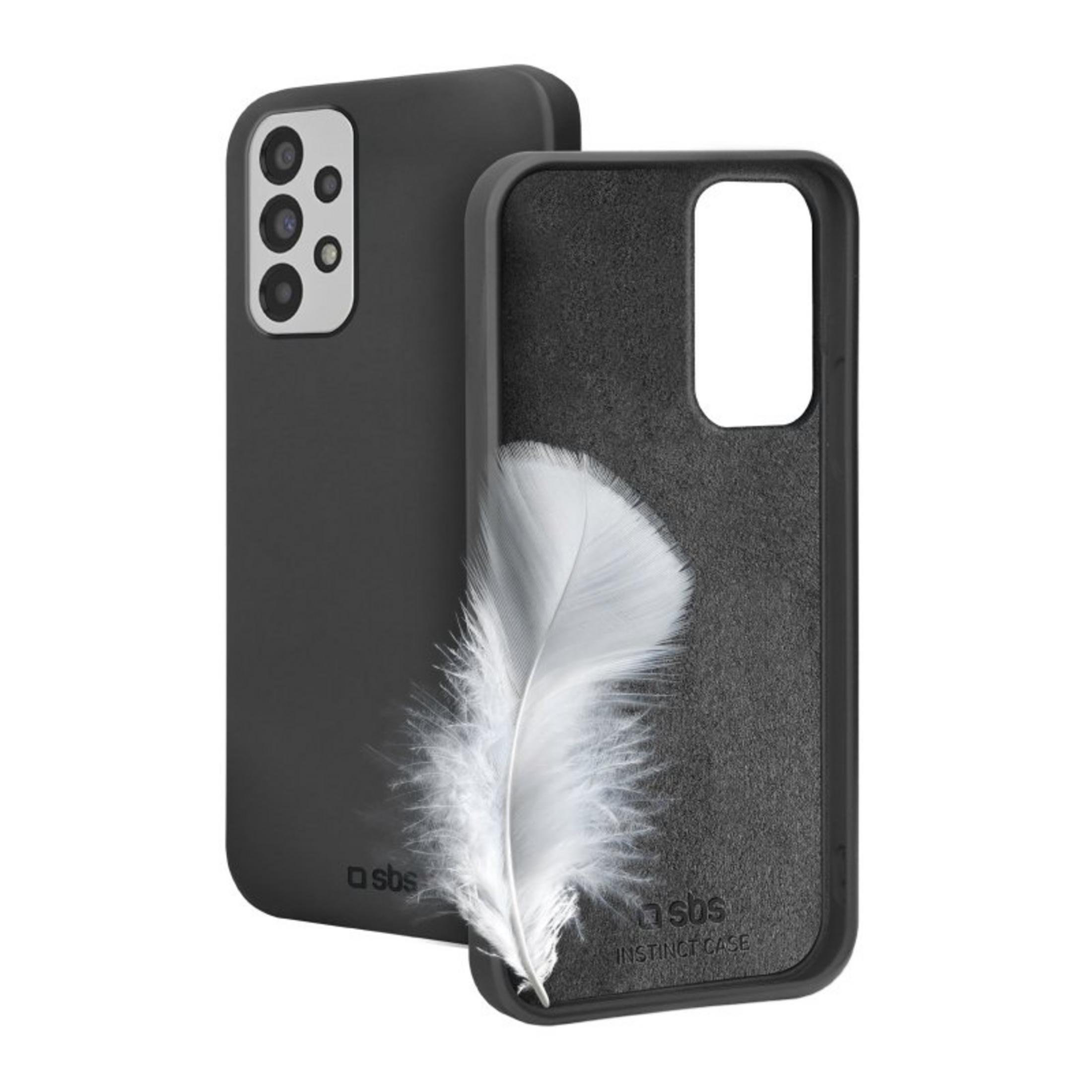 Schwarze Schutzhülle für Smartphones mit weichem Innenfutter und einer leichten, weißen Feder.