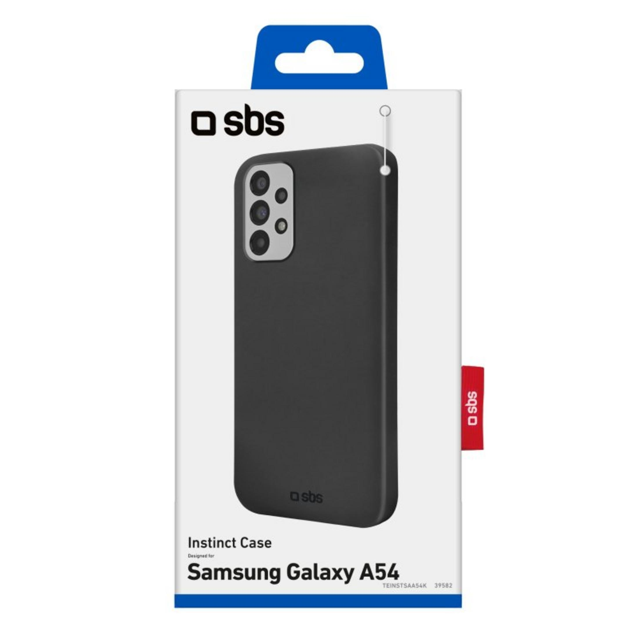 Schwarze Samsung Galaxy A54 Schutzhülle in weißer SBS-Verpackung mit blauem Haken.
