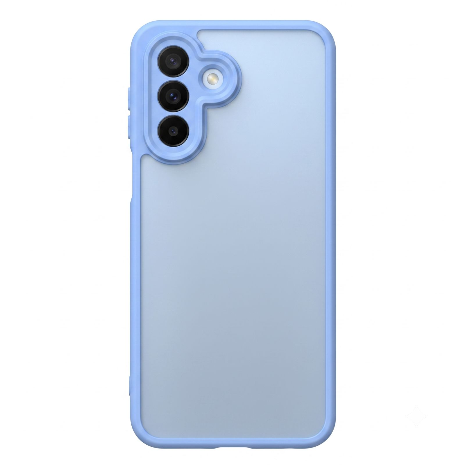 Blaue Smartphone-Hülle mit vertikalem Dreifachkamera-Modul und Blitz auf weißem Hintergrund.