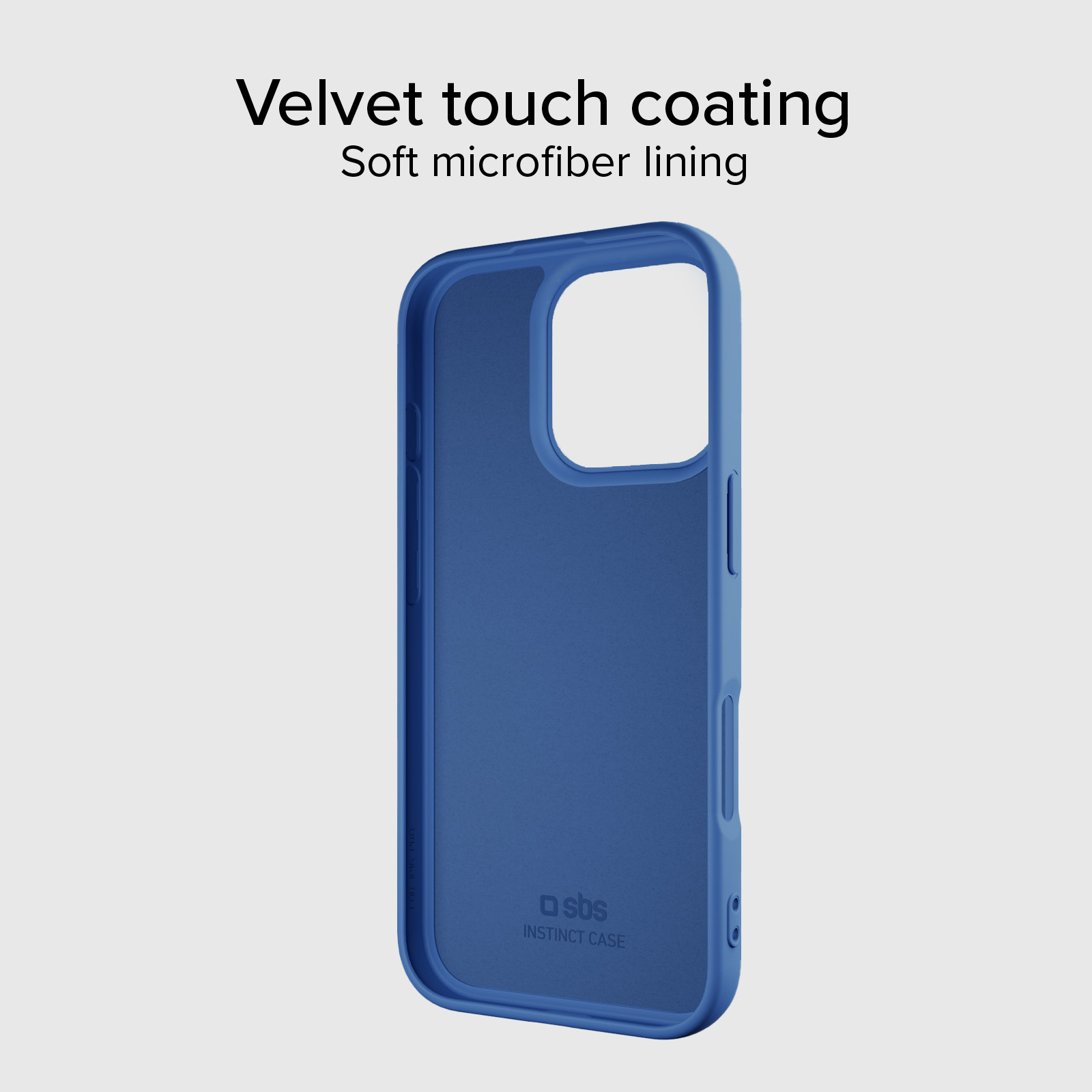 Una funda azul para smartphone con tacto aterciopelado y forro de microfibra, sobre un fondo gris claro.