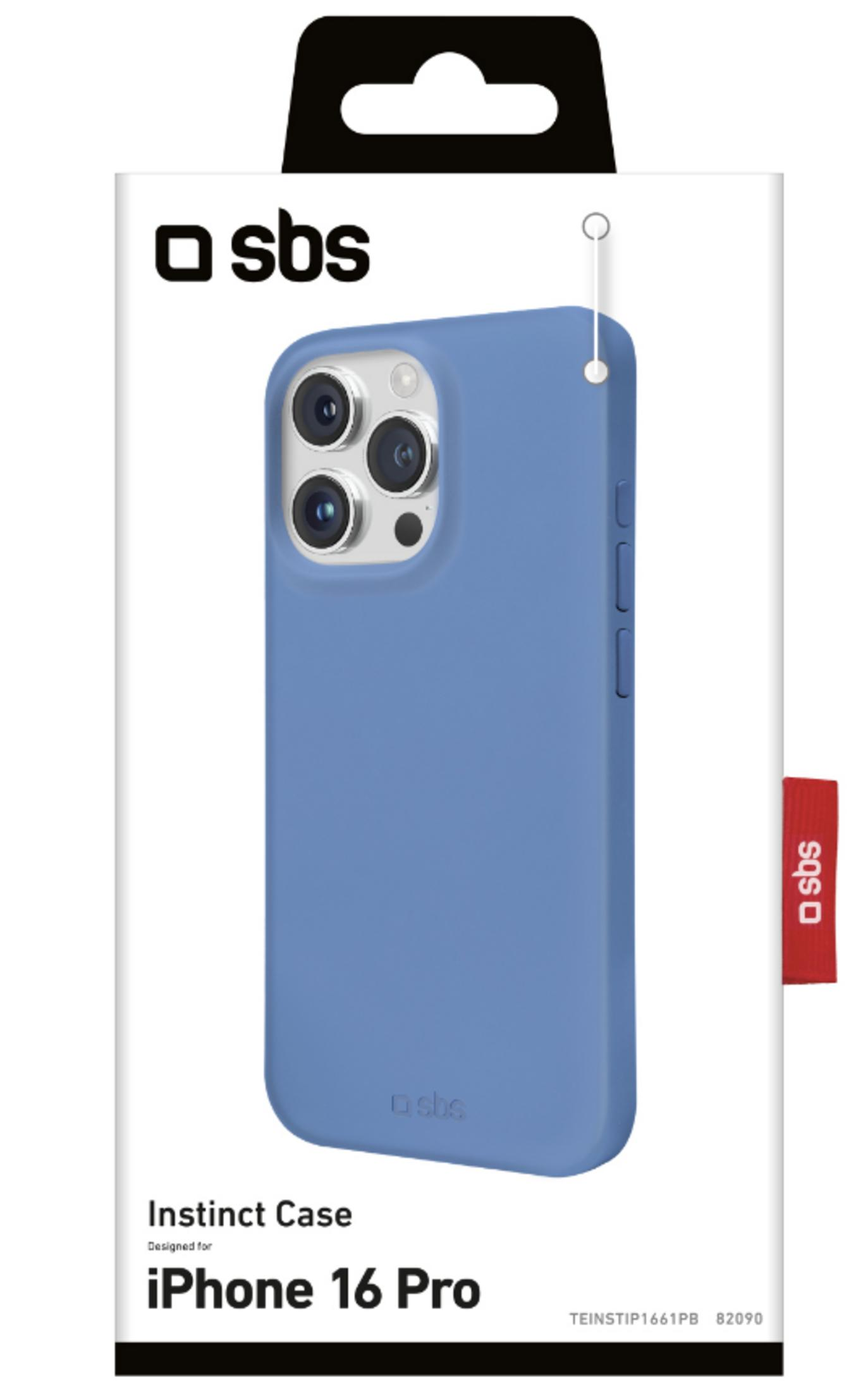 Blaue SBS Instinct Schutzhülle für das iPhone 16 Pro in weißer Verpackung.