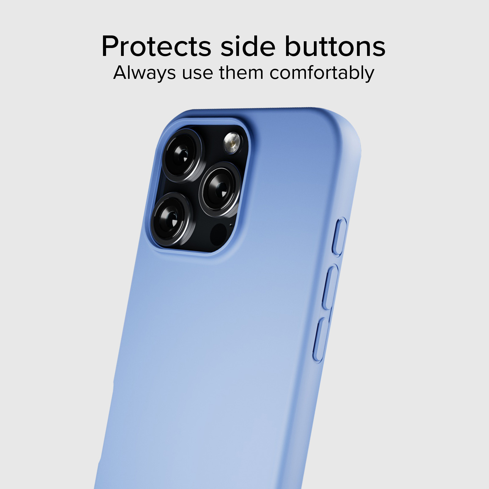 Eine hellblaue Handyhülle auf einem Smartphone, mit Kamera und Seitentasten, und Text oben.