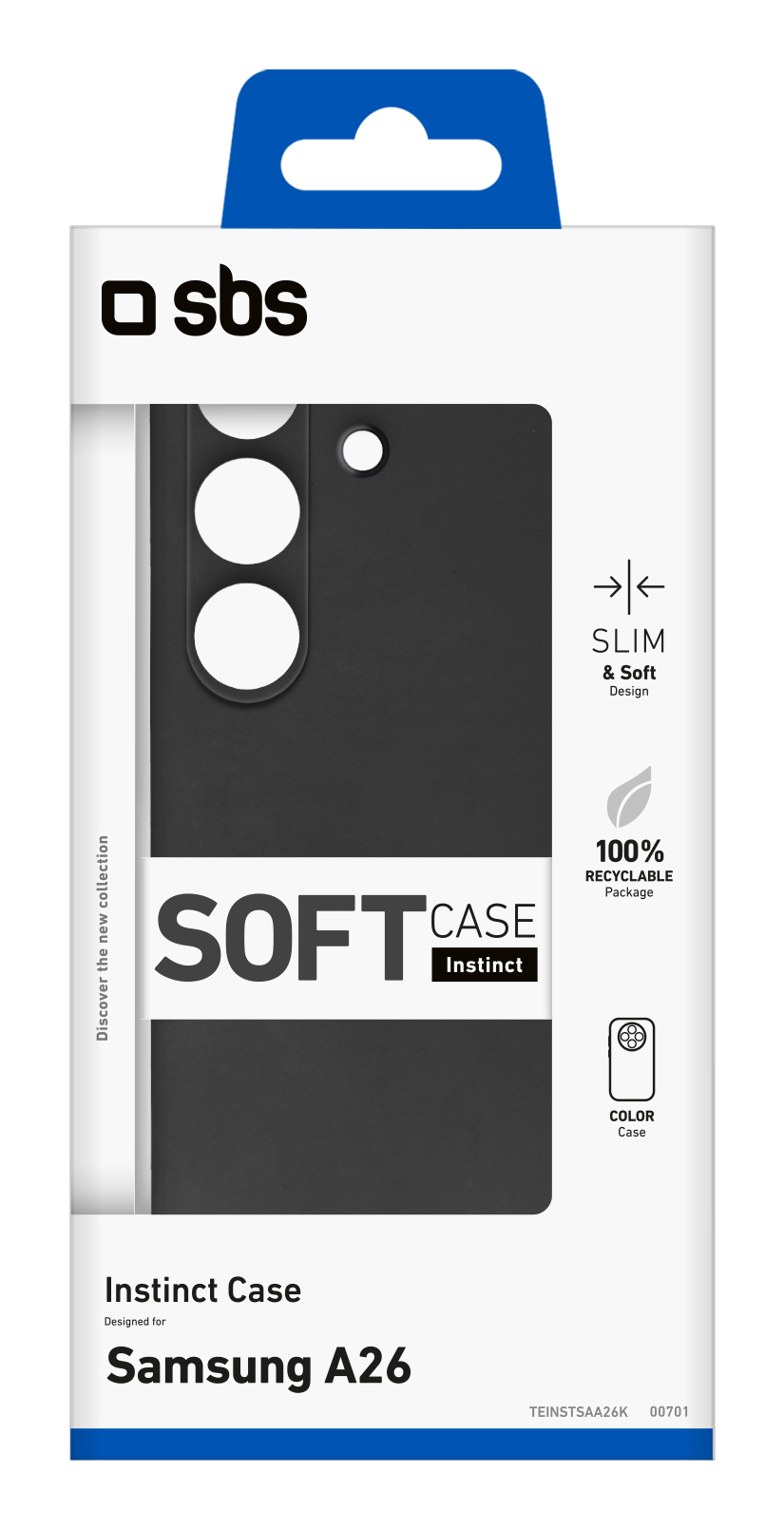 Embalaje de una funda negra SBS Soft Case para Samsung A26 con etiqueta reciclable.
