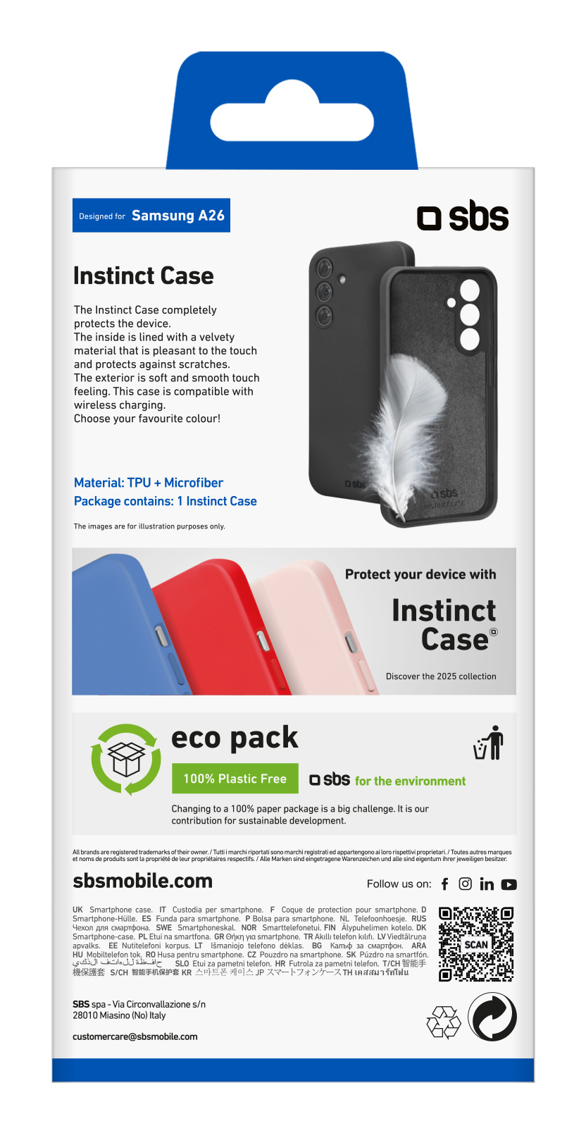 Embalaje de la funda negra SBS Instinct para Samsung A26 con texto y muestras de color.