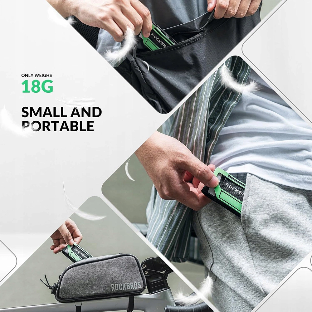 Un multi-attrezzo Rockbros verde e nero inserito in tasche e una borsa da bici, con il testo pesa solo 18g.