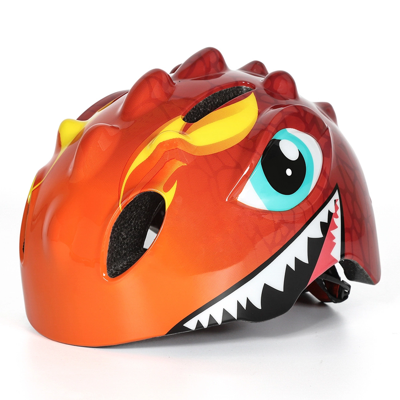 Casco da bici rosso per bambini con design da drago, corna e grandi occhi blu su sfondo bianco.