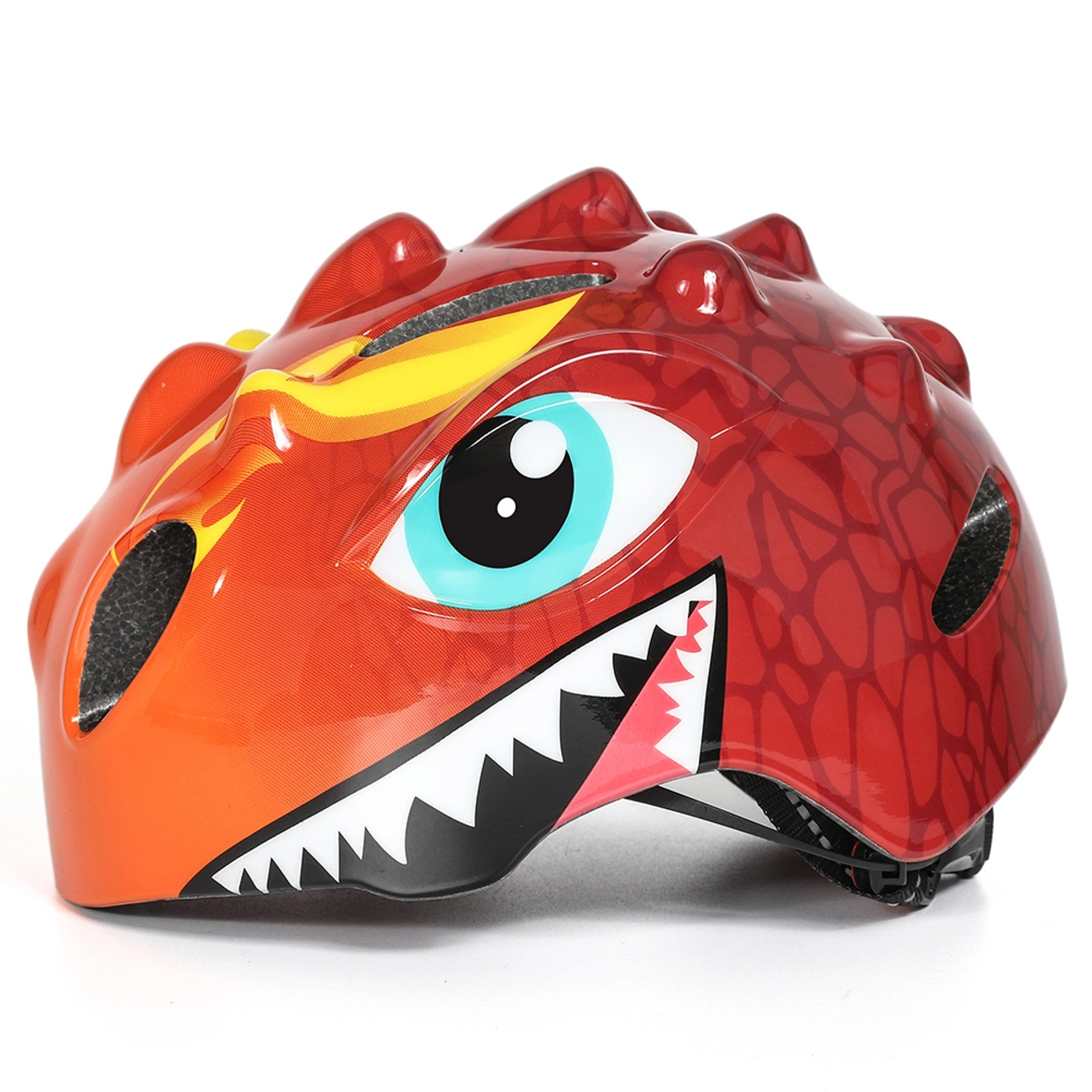 Casco da bici rosso per bambini a tema drago con grandi occhi azzurri, denti e creste su sfondo bianco.