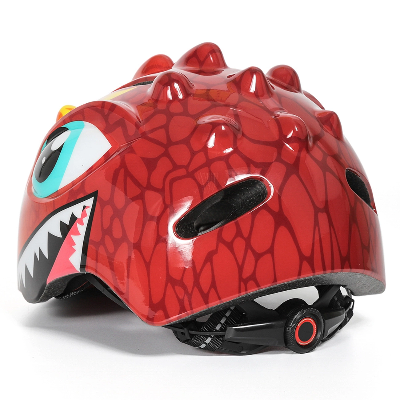 Casco da bici rosso per bambini con design da mostro, punte e grande occhio di cartone animato.