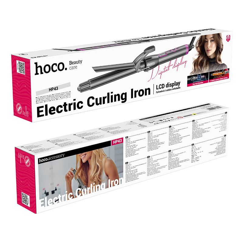 Zwei Produktverpackungen eines Hoco elektrischen Lockenstabes mit LCD-Display und Produktbildern.