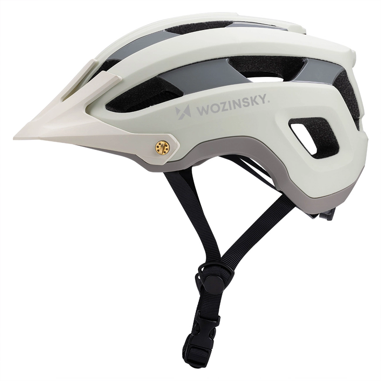 Un casco da ciclismo Wozinsky beige e grigio con visiera e cinturini neri su sfondo bianco.