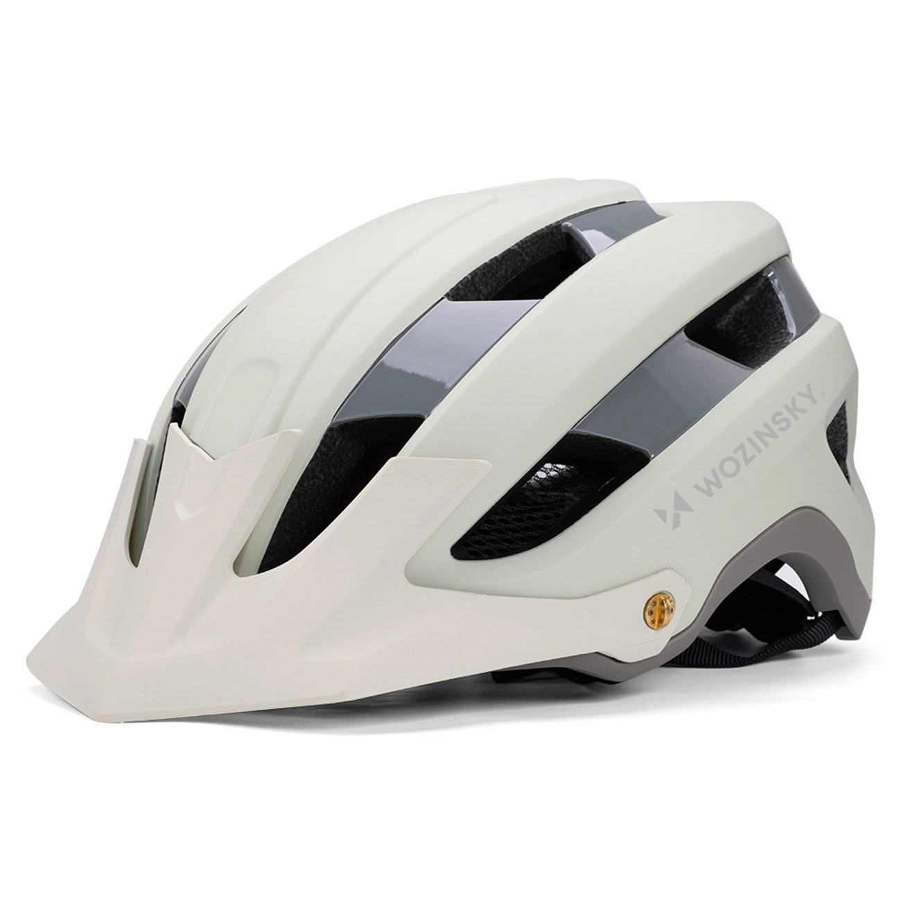Un casco da ciclismo beige con fessure di ventilazione, visiera rimovibile e il marchio WOZINSKY.