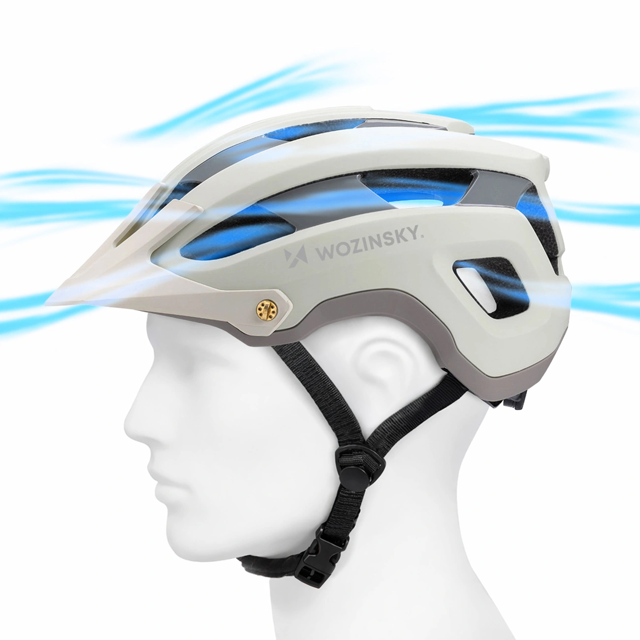 Una testa di manichino bianco indossa un casco da bicicletta Wozinsky grigio chiaro con grafiche del flusso d'aria.
