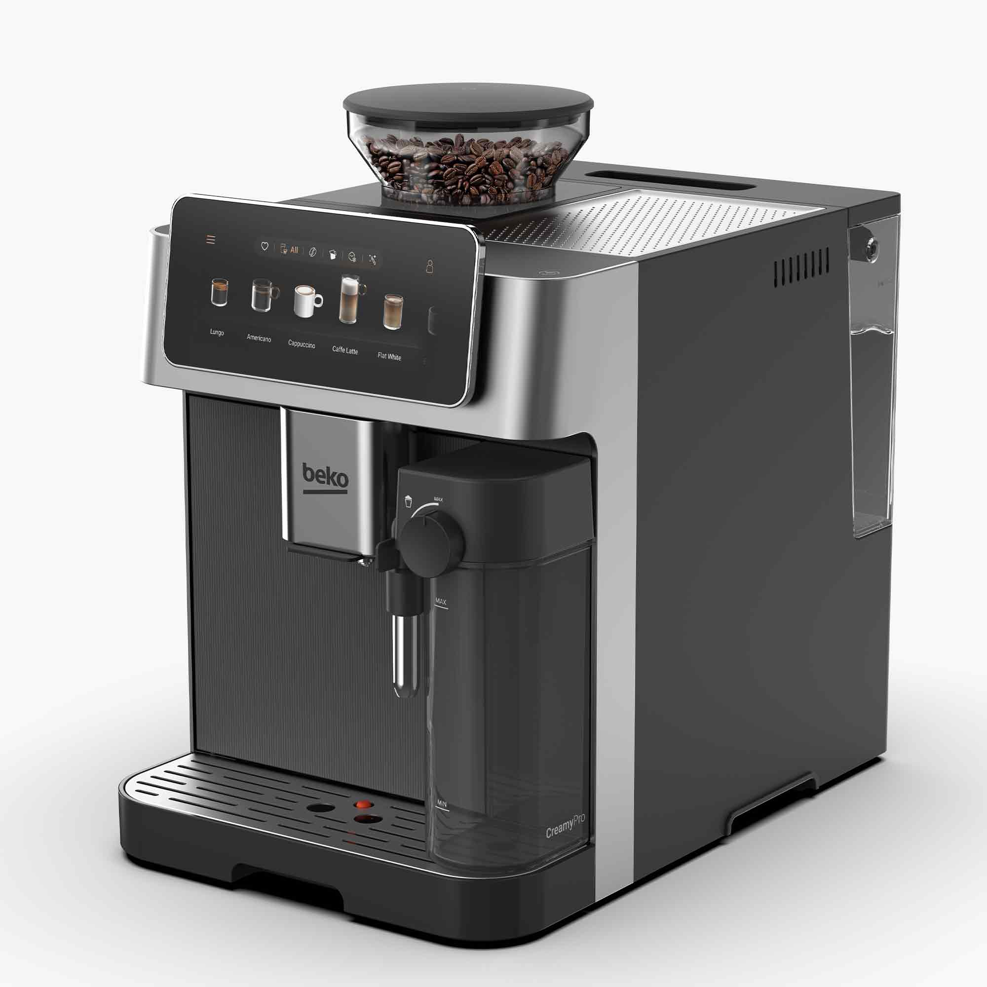 Moderne schwarze und silberne Beko-Kaffeemaschine mit Bohnenbehälter und Milchaufschäumer auf weißem Hintergrund.