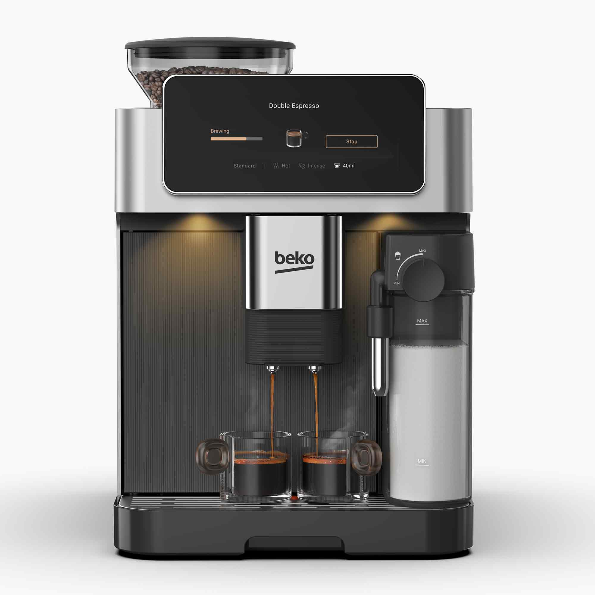 Moderne silber-schwarze Beko Kaffeemaschine brüht doppelten Espresso in zwei Glastassen mit Milchaufschäumer.