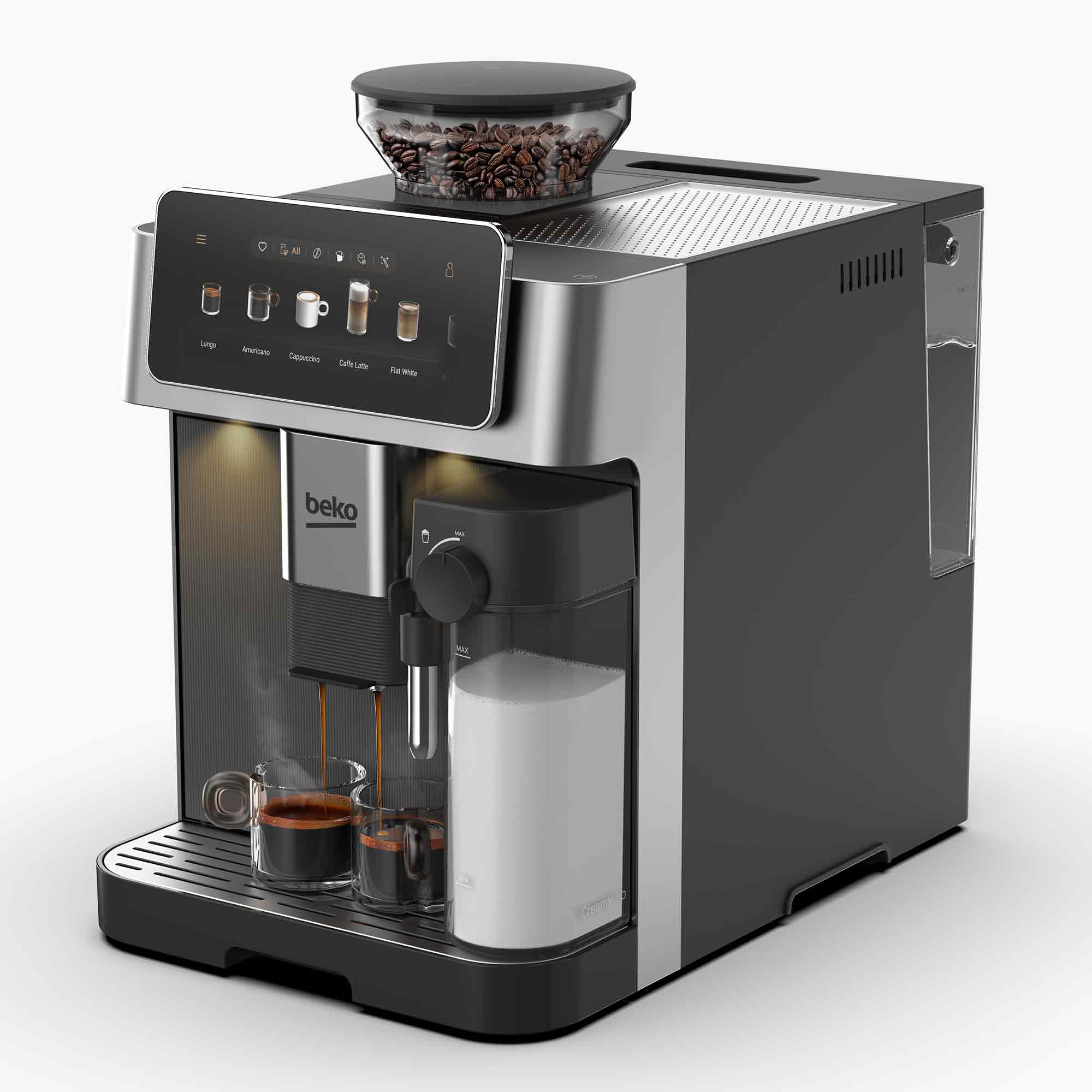 Moderne schwarz-silberne Beko-Kaffeemaschine mit Bohnenbehälter, Milchkaraffe und zwei Gläsern frischen Espressos.
