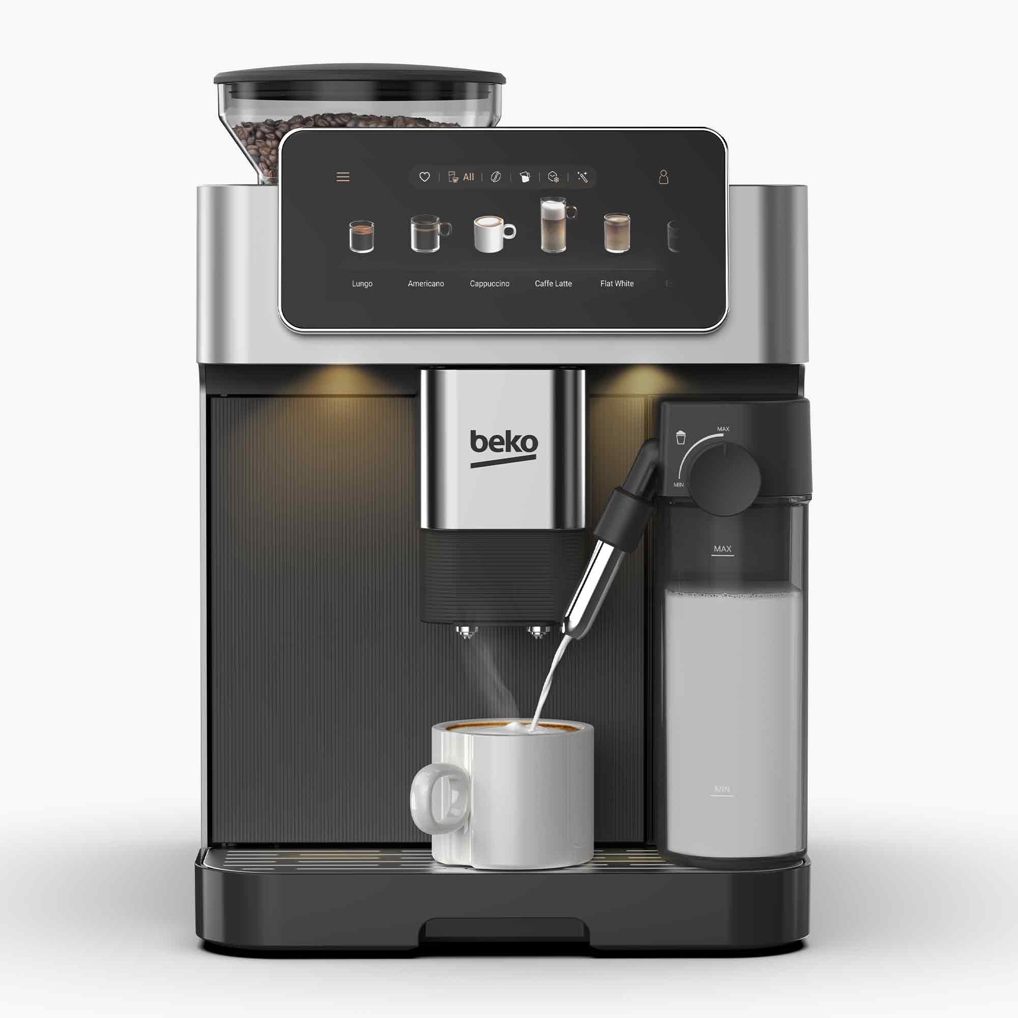 Silber-schwarze Beko Kaffeemaschine mit Touch-Display und milchschäumender Düse über einer weißen Tasse.