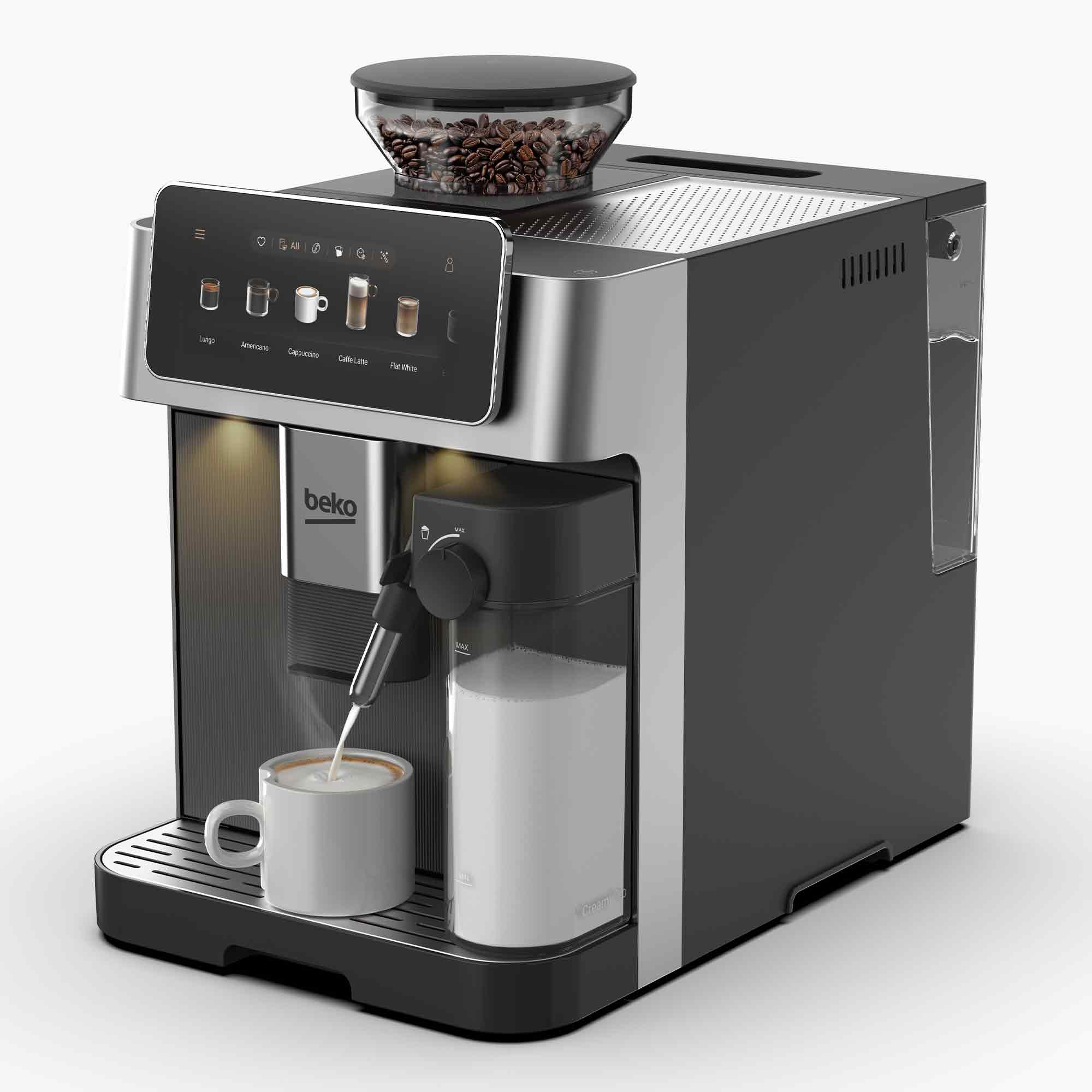 Moderne Beko Kaffeevollautomat in Schwarz und Silber füllt Milch in eine Tasse.
