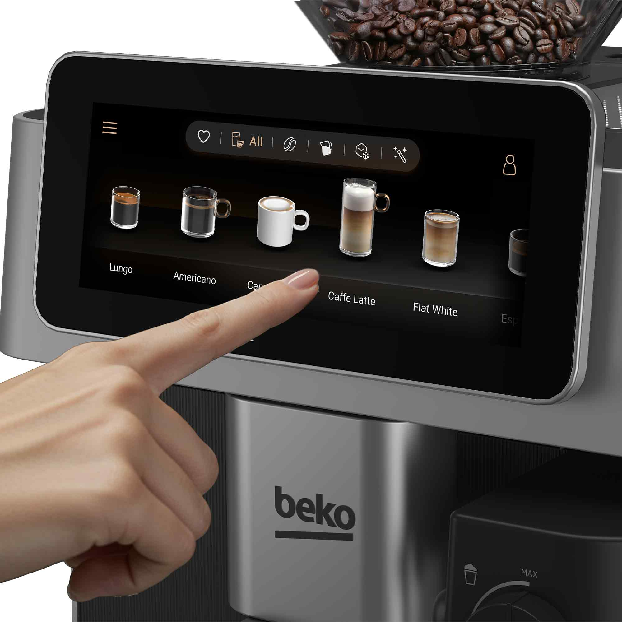 Eine Hand tippt auf das Touchscreen-Display einer Beko-Kaffeemaschine, um Caffe Latte auszuwählen.