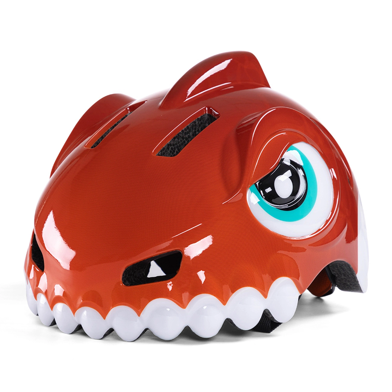 Un casco da bici rosso lucido per bambini a forma di dinosauro con denti bianchi, grandi occhi e pinna.