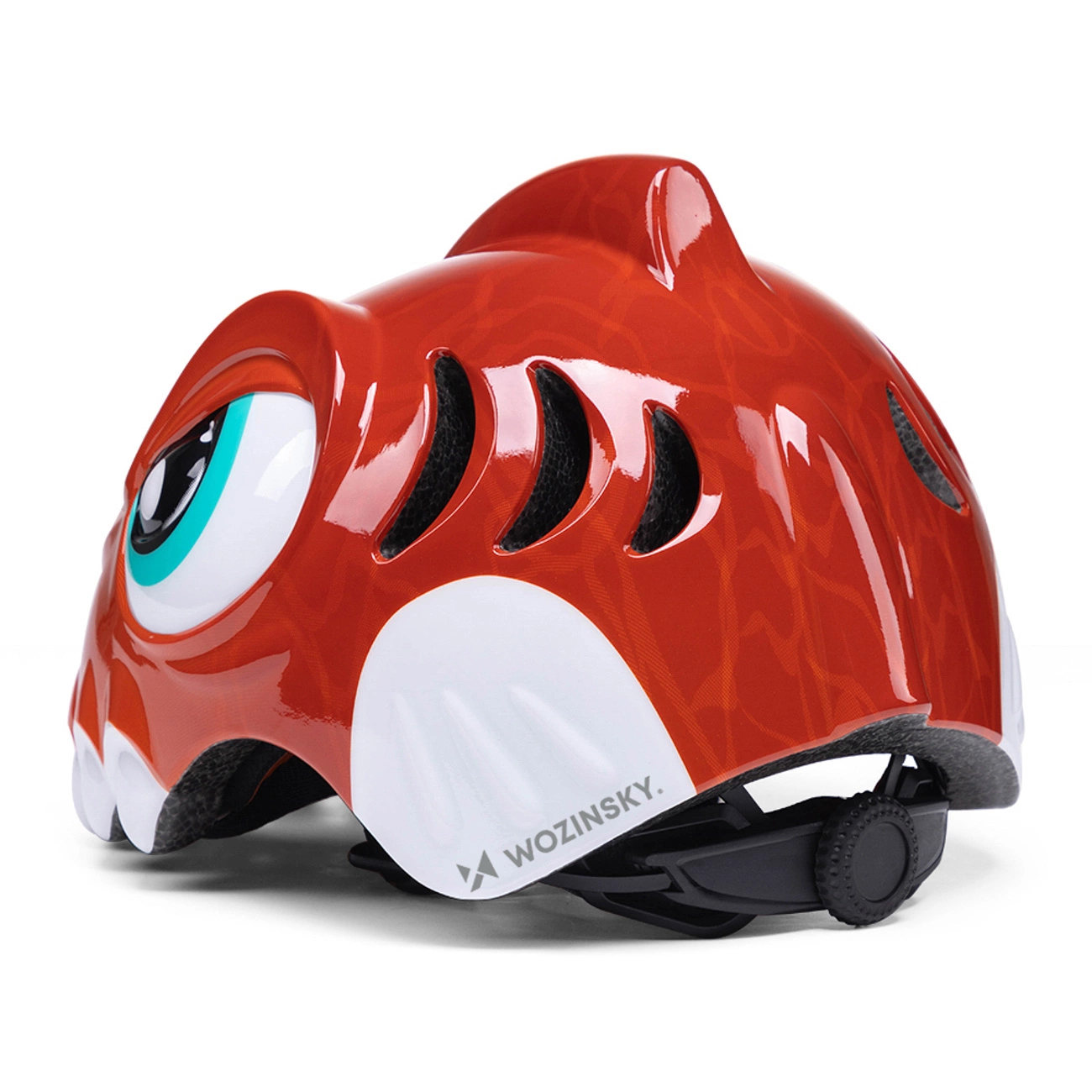 Casco per bambini lucido rosso e bianco a forma di pesce con grandi occhi, pinna e cinturino.