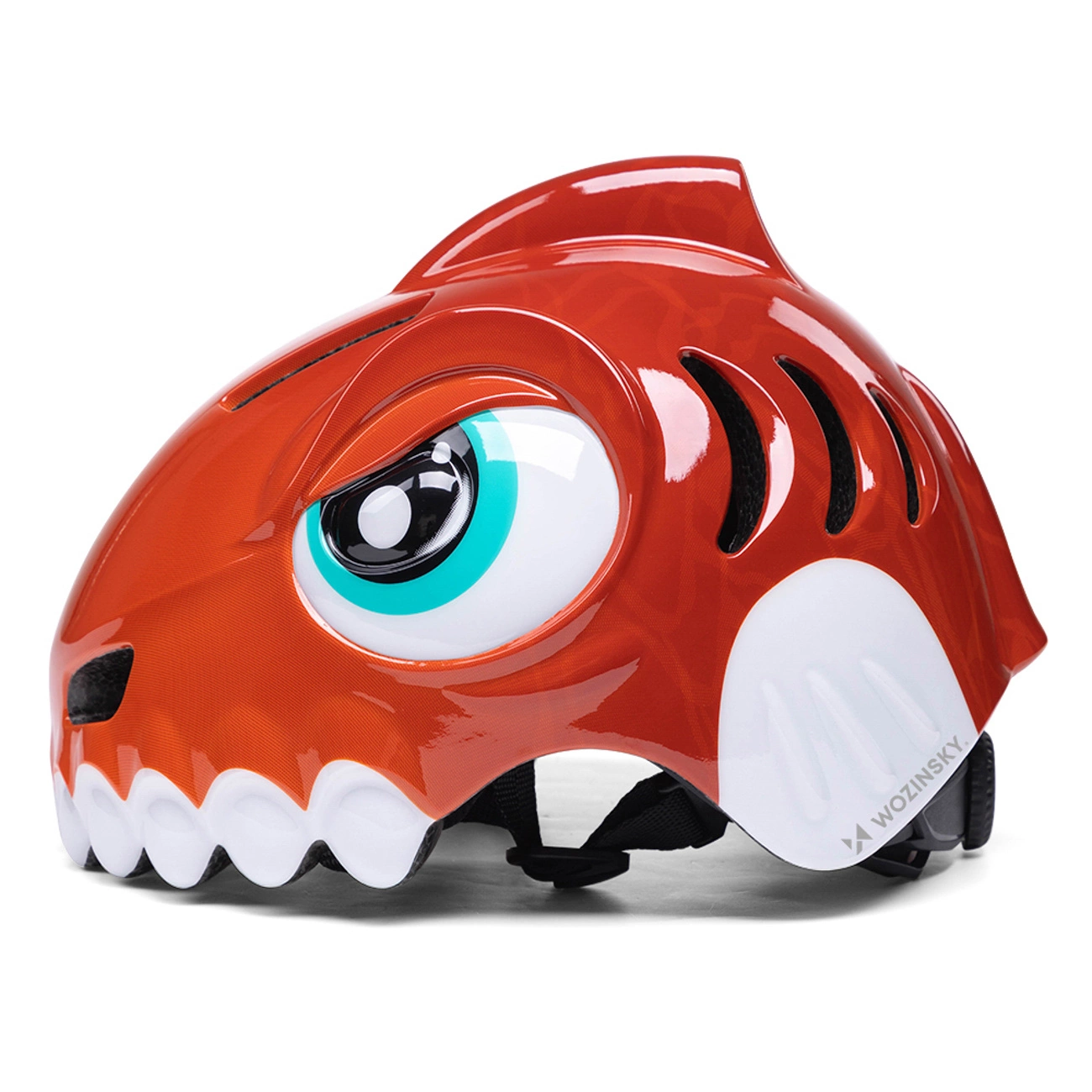 Casco per bambini rosso lucido a forma di squalo con denti e pinna bianchi.