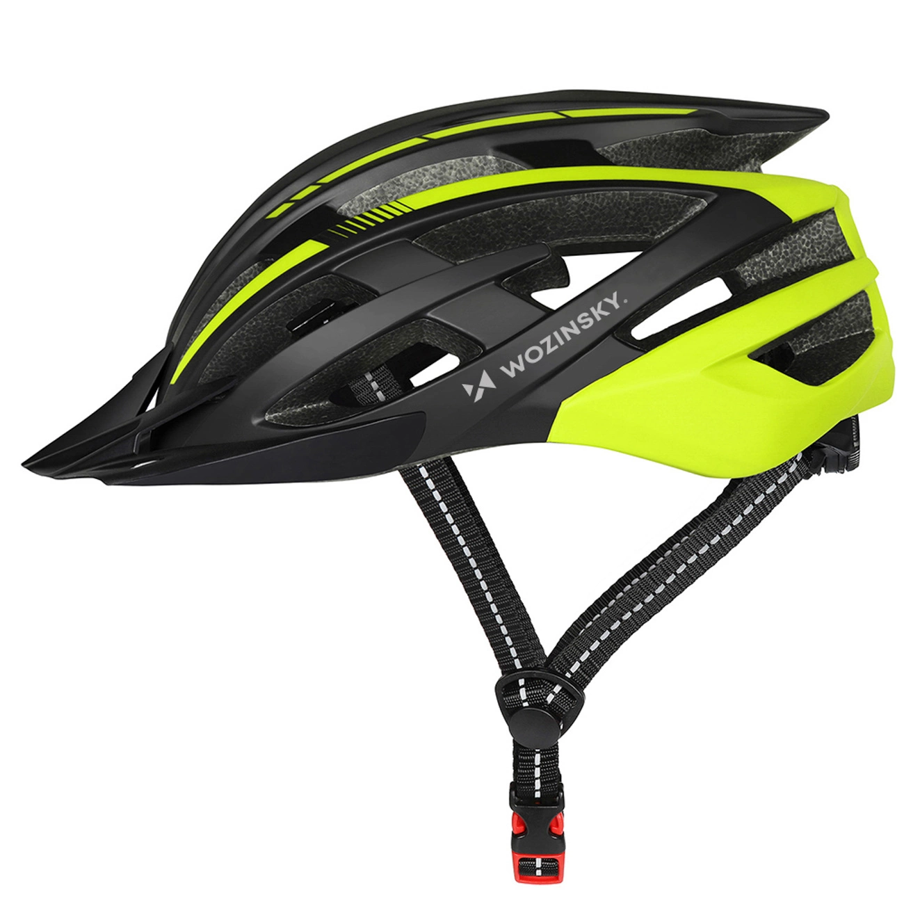 Vista laterale di un casco da bicicletta Wozinsky nero e giallo con cinghie e fibbia rossa.