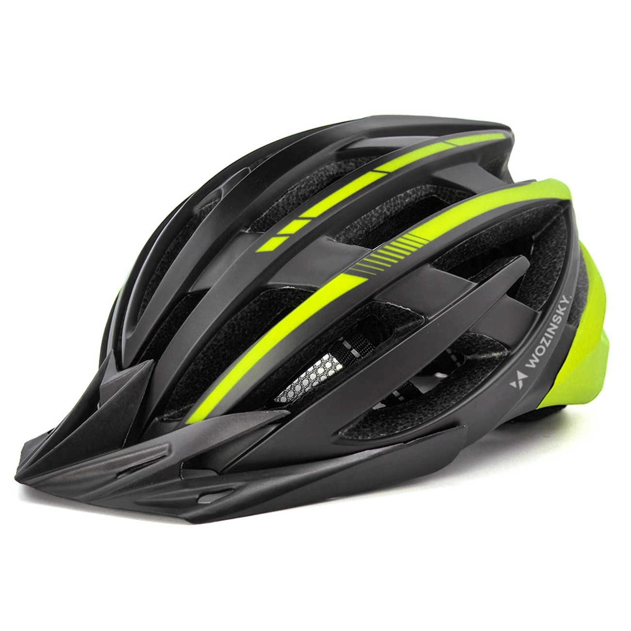 Casco da bicicletta nero con dettagli giallo neon e fori di ventilazione su sfondo bianco.
