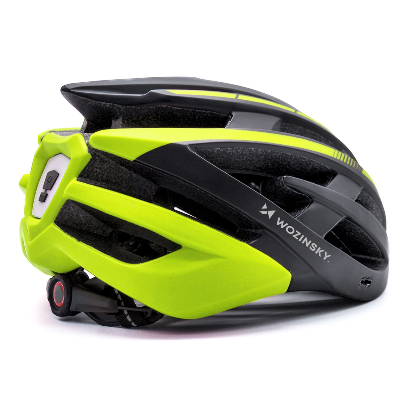 Un casco da bicicletta Wozinsky nero e giallo su sfondo bianco.