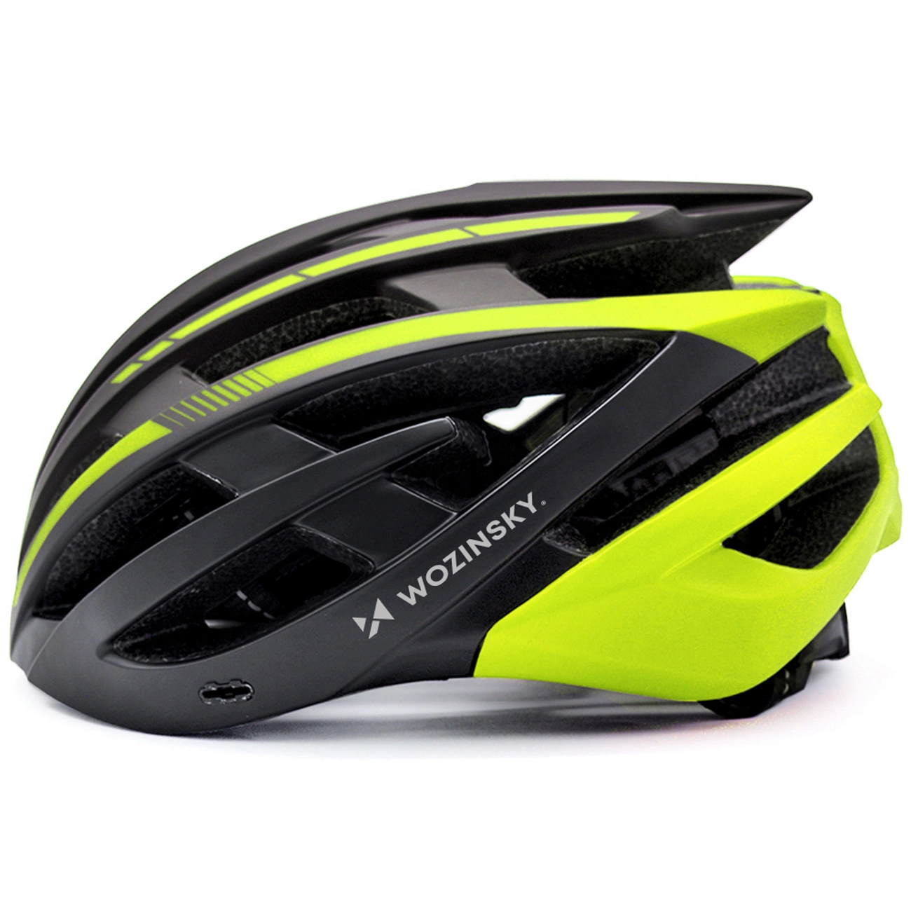 Casco da bicicletta Wozinsky nero e giallo neon con aperture di ventilazione su sfondo bianco.