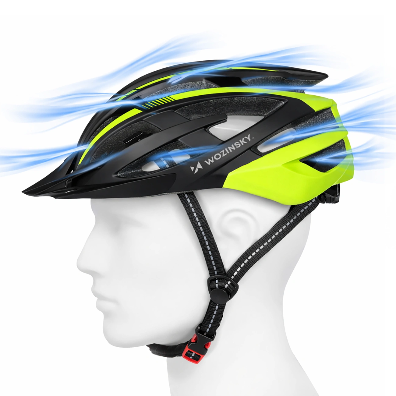 Un casco da bicicletta nero e giallo su un manichino bianco con linee di flusso d'aria blu.