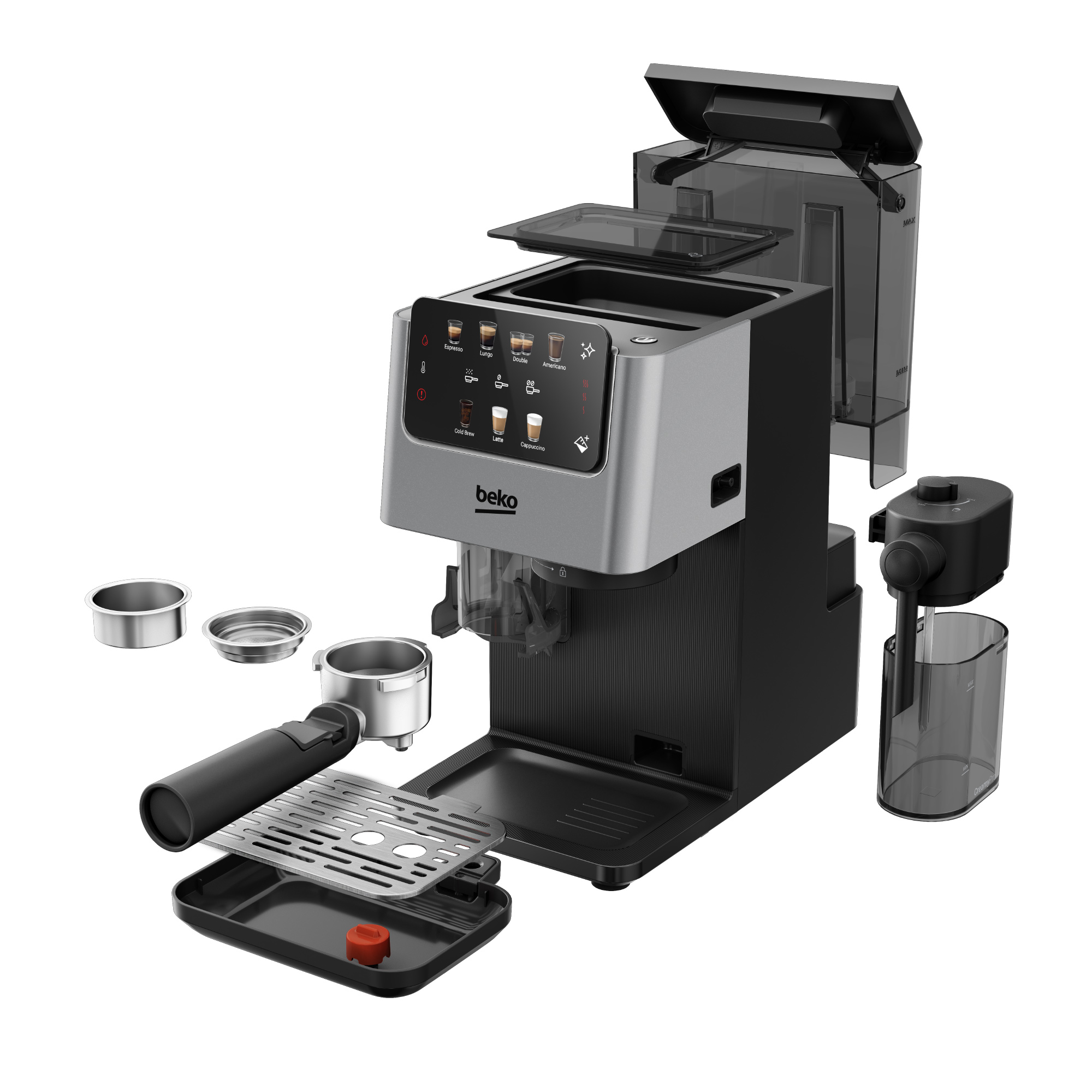 Moderne schwarze und silberne Beko-Espressomaschine mit abgetrennten Teilen wie Siebträger und Milchaufschäumer.