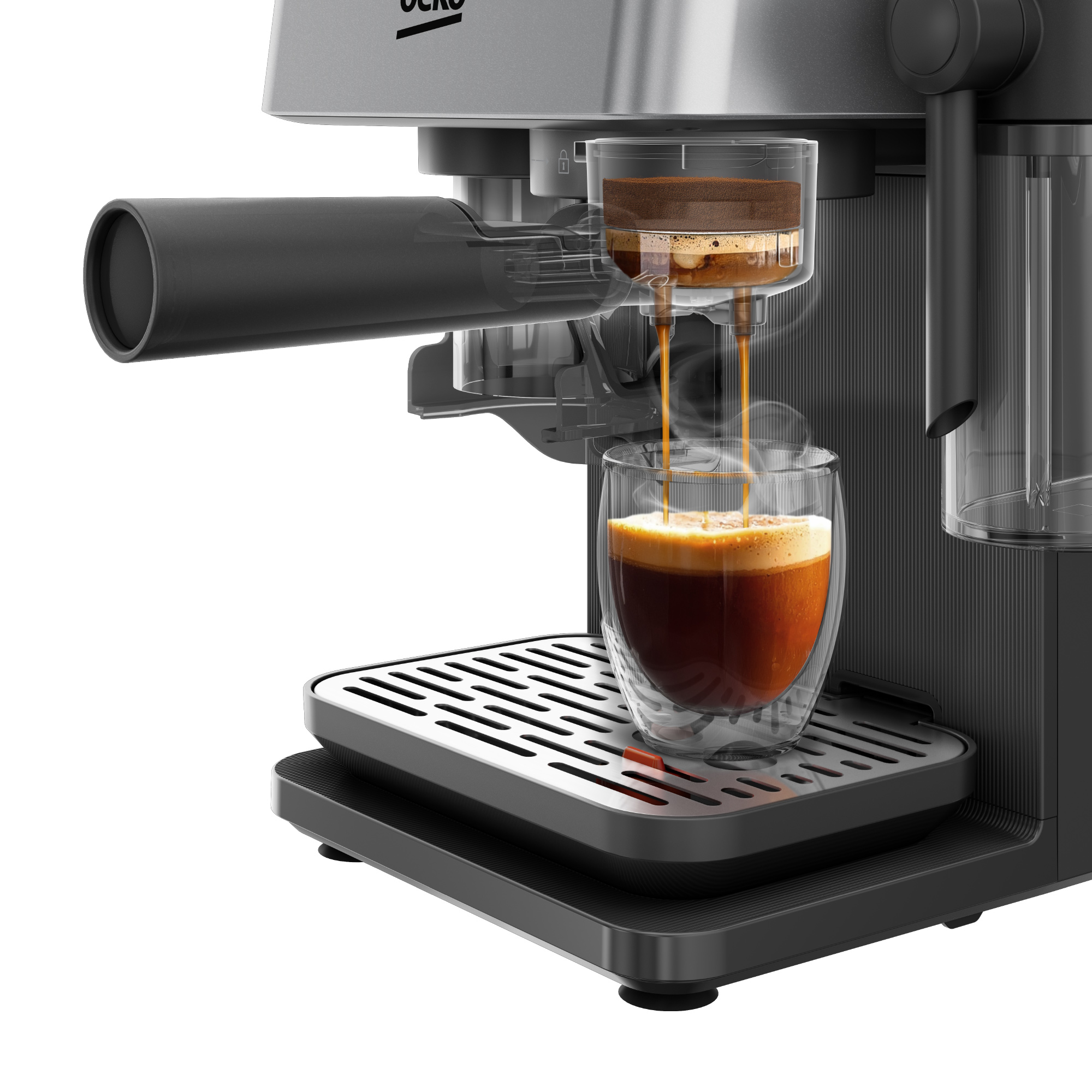 Eine Kaffeemaschine brüht Espresso, der in ein Glas läuft; im Querschnitt ist das Innere mit Kaffeepulver zu sehen.