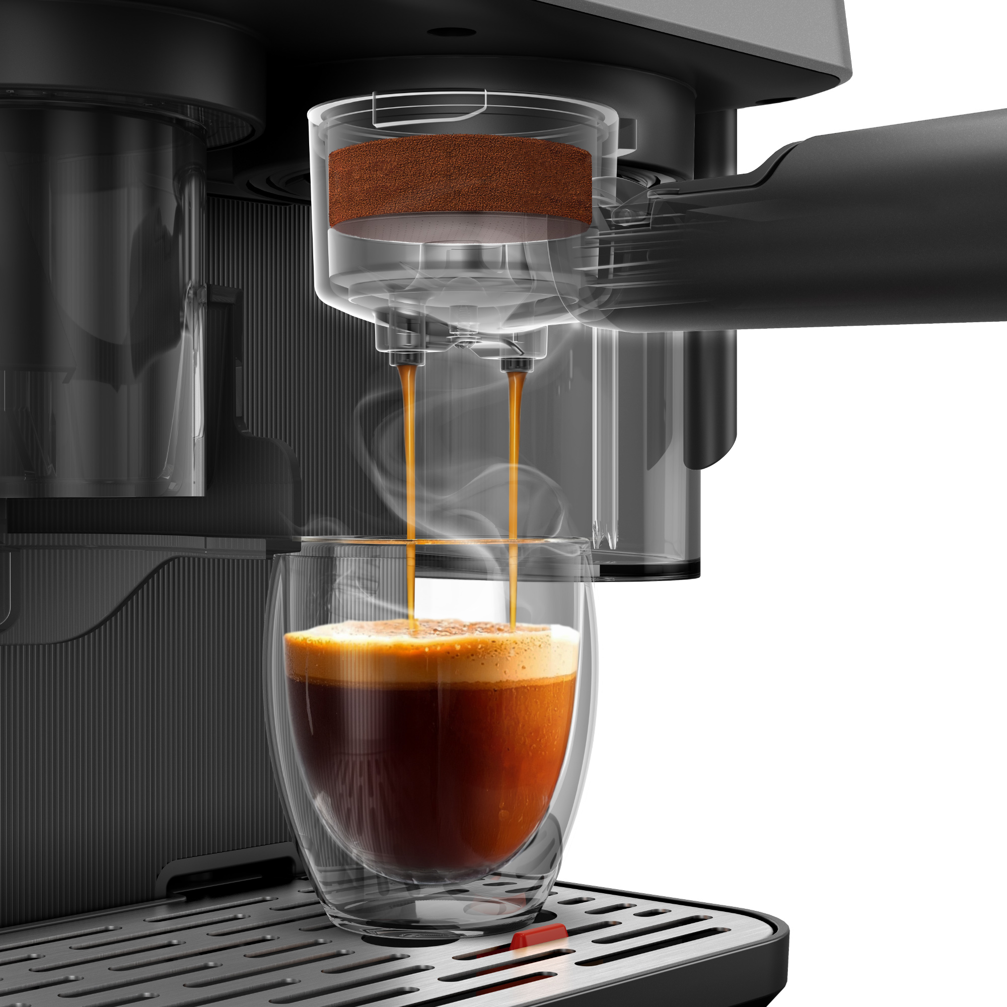 Eine Espressomaschine gießt dampfenden Kaffee in eine klare Glastasse auf einer Tropfschale.