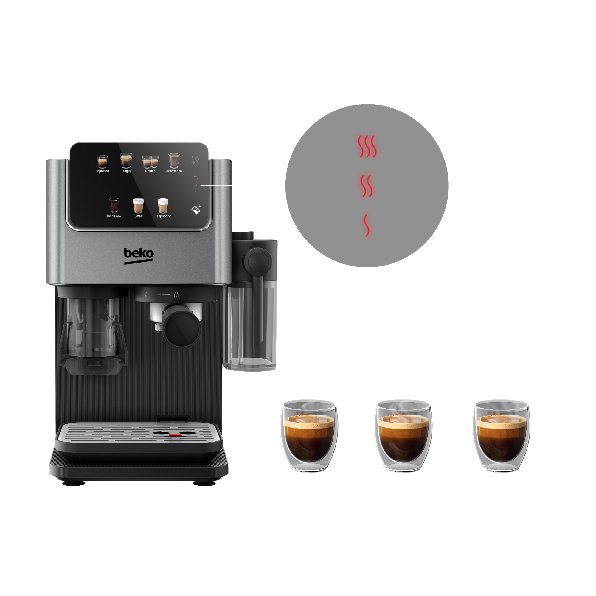 Moderne graue und schwarze Beko-Kaffeemaschine mit Touchscreen und drei Gläsern Espresso daneben.