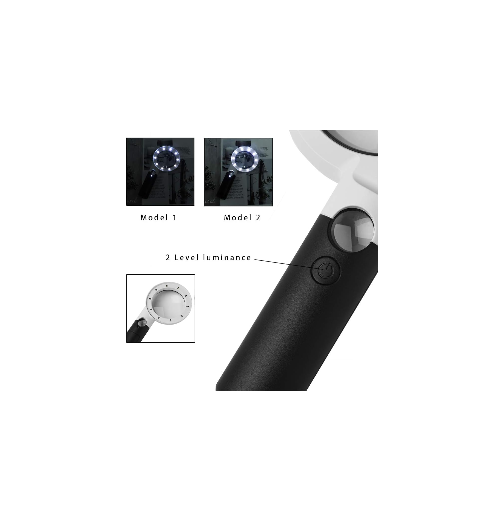Eine weiß-schwarze Lupe mit LED-Beleuchtung, zwei Leuchtstufen und Modellen zur Auswahl.