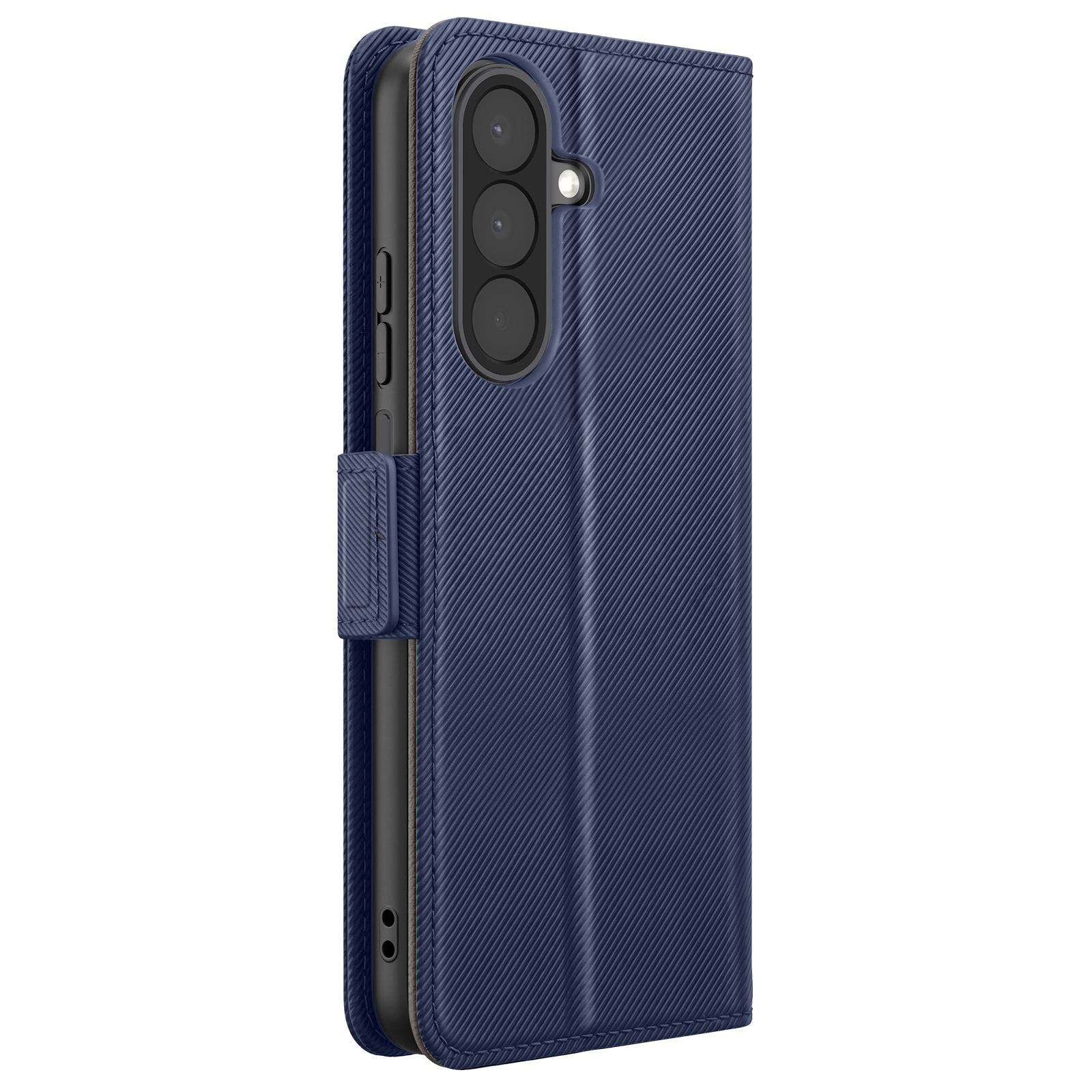 Blaue Smartphone-Klapphülle mit diagonaler Textur, vertikalem Kameramodul und seitlichem Riegel.