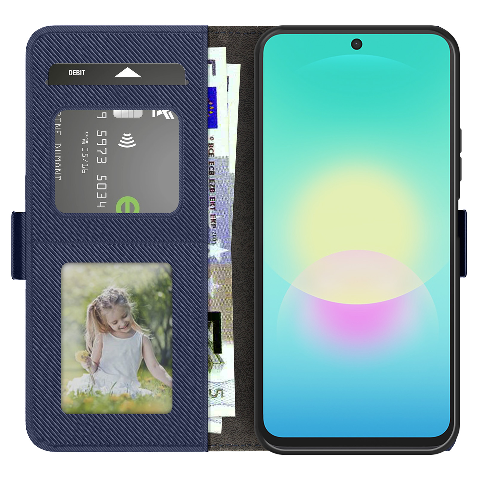 Blaue Handytasche mit Kartenfächern, Geldscheinen, einem Kinderfoto und Smartphone mit buntem Bildschirm.
