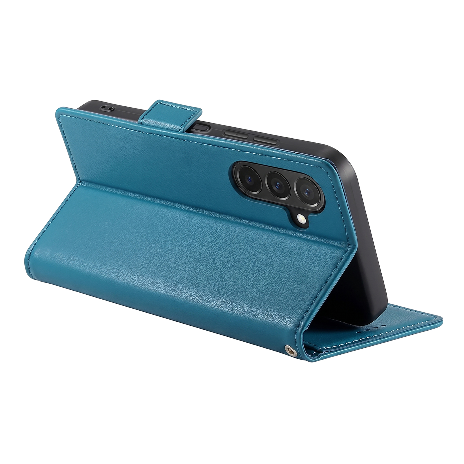 Ein Smartphone in einer blauen Leder-Klapphülle, von hinten vor weißem Hintergrund.