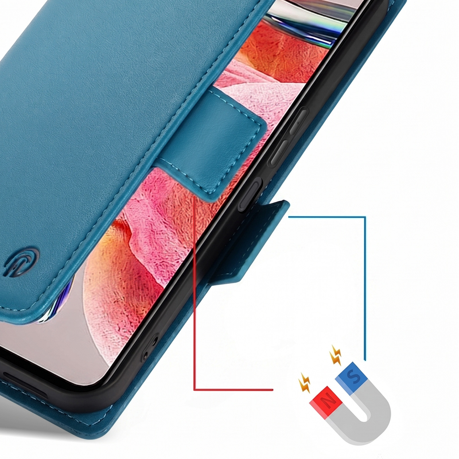 Blaue Leder-Handyhülle mit Magnetverschluss, Bildschirm und Hufeisenmagnet.