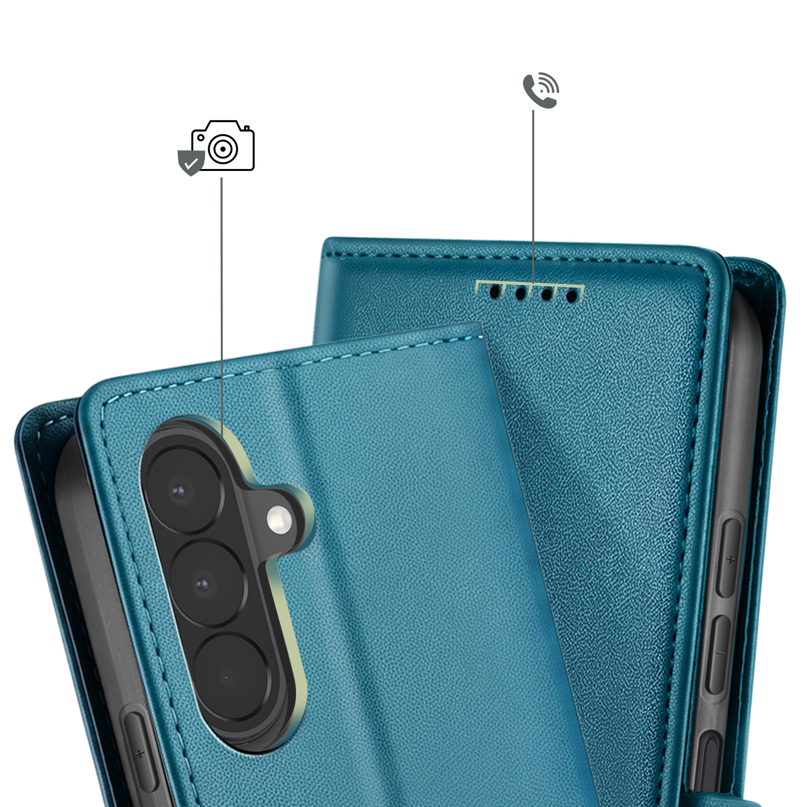 Blaue Leder-Handyhülle mit Kameraausschnitt und Anrufsymbol.