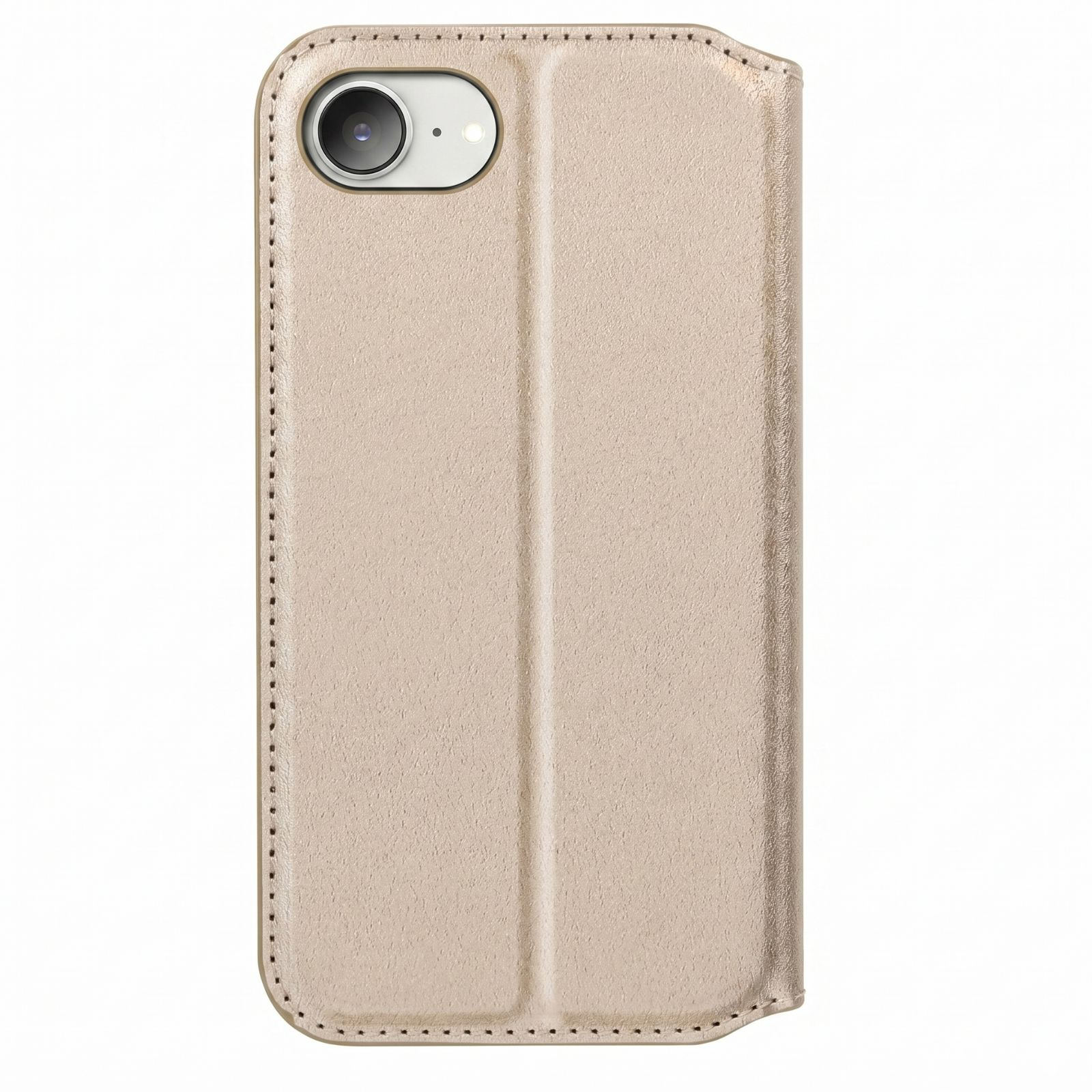 Glänzende, goldene Handy-Klapphülle aus Leder mit Kameraausschnitt vor weißem Hintergrund.