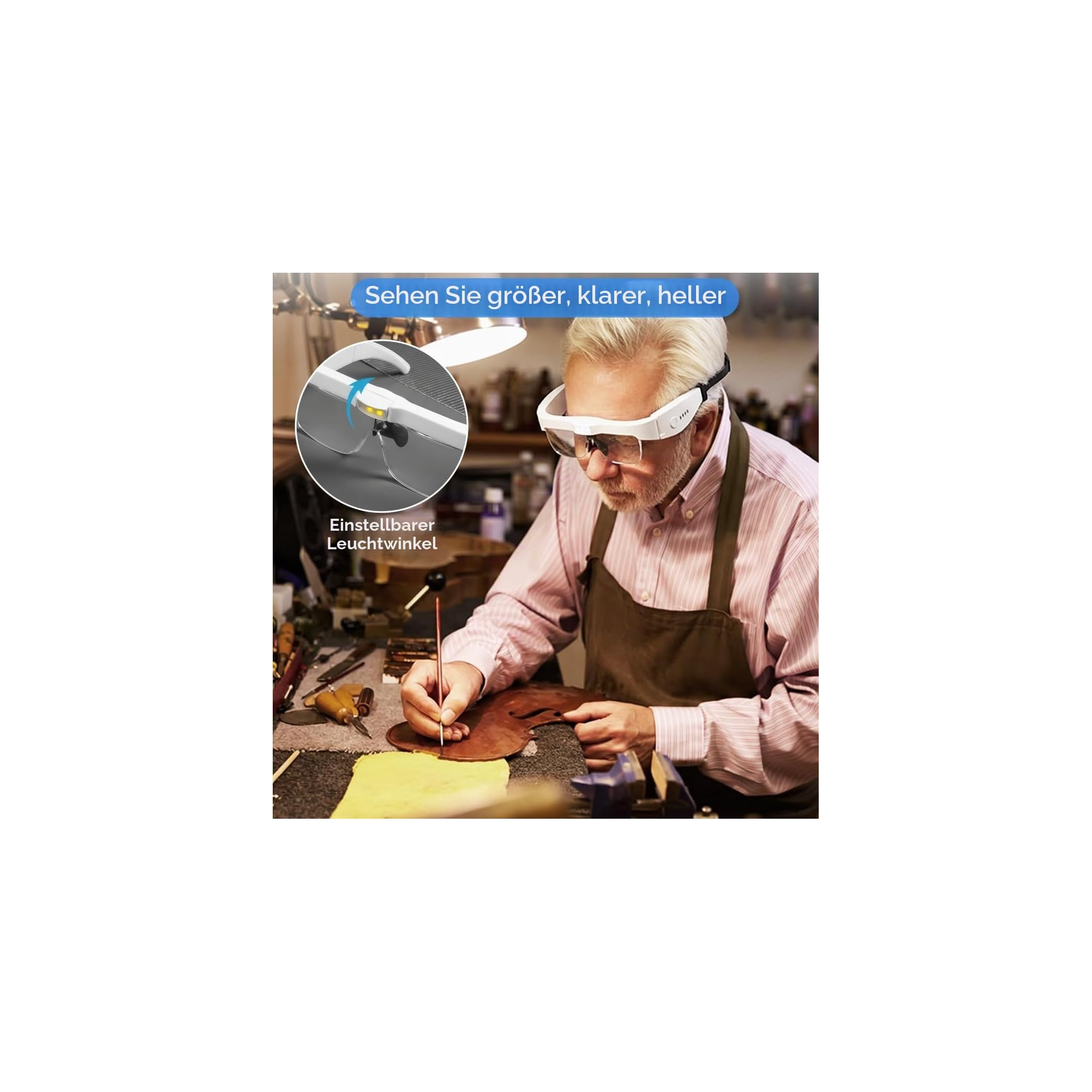 Ein älterer Handwerker mit Lupenbrille und LED arbeitet akribisch an einem Geigenteil an seiner Werkbank.