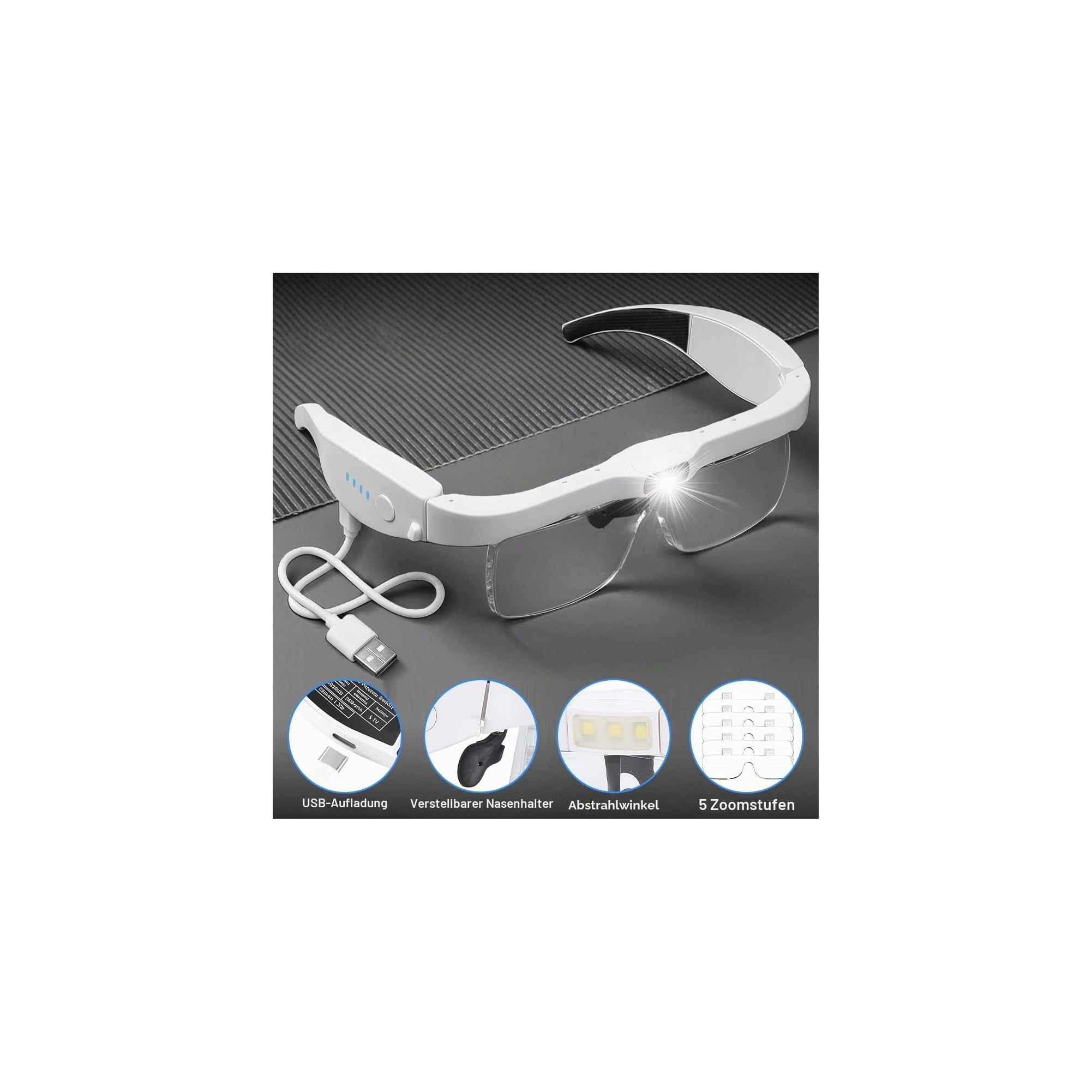 Weisse Lupe Brille mit LED Licht und USB Ladekabel, vier kleine Detailbilder unten.
