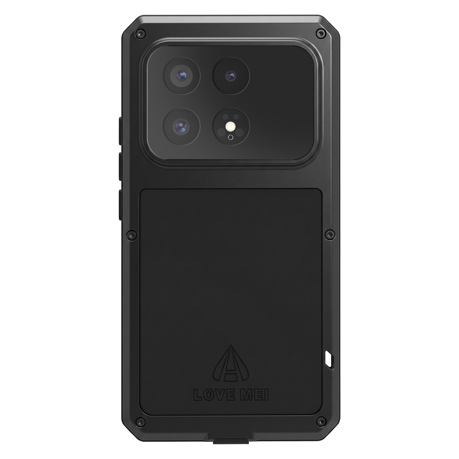 Eine schwarze robuste Smartphone-Hülle mit Schrauben und Love Mei Logo.