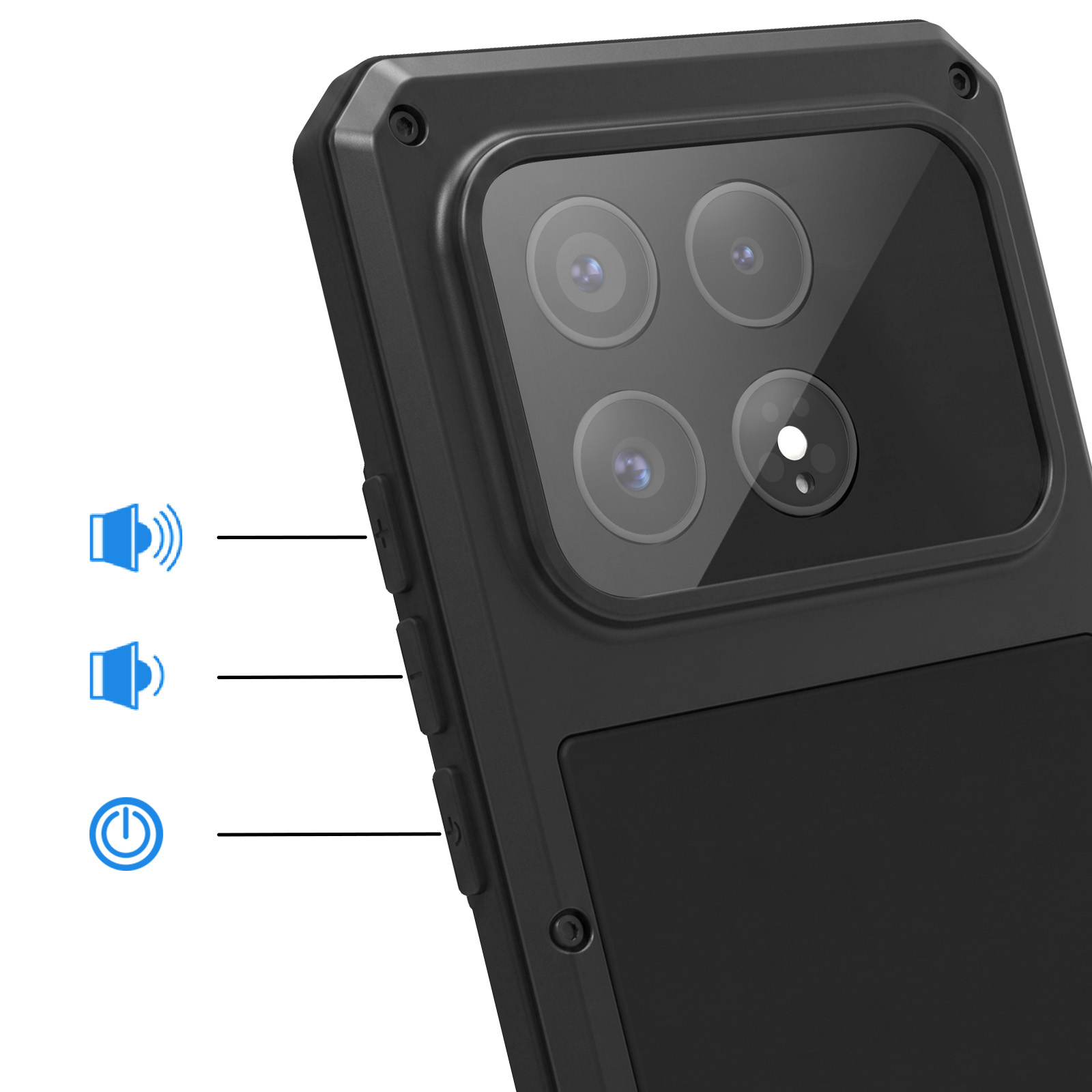 Schwarze Schutzhülle für ein Smartphone mit Vierfachkamera und beschrifteten Tasten für Lautstärke und Power.